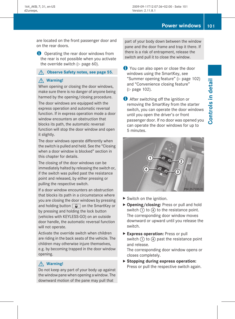Controls in detail, Power windows | Mercedes-Benz M-Class 2010 Owners Manual User Manual | Page 103 / 368