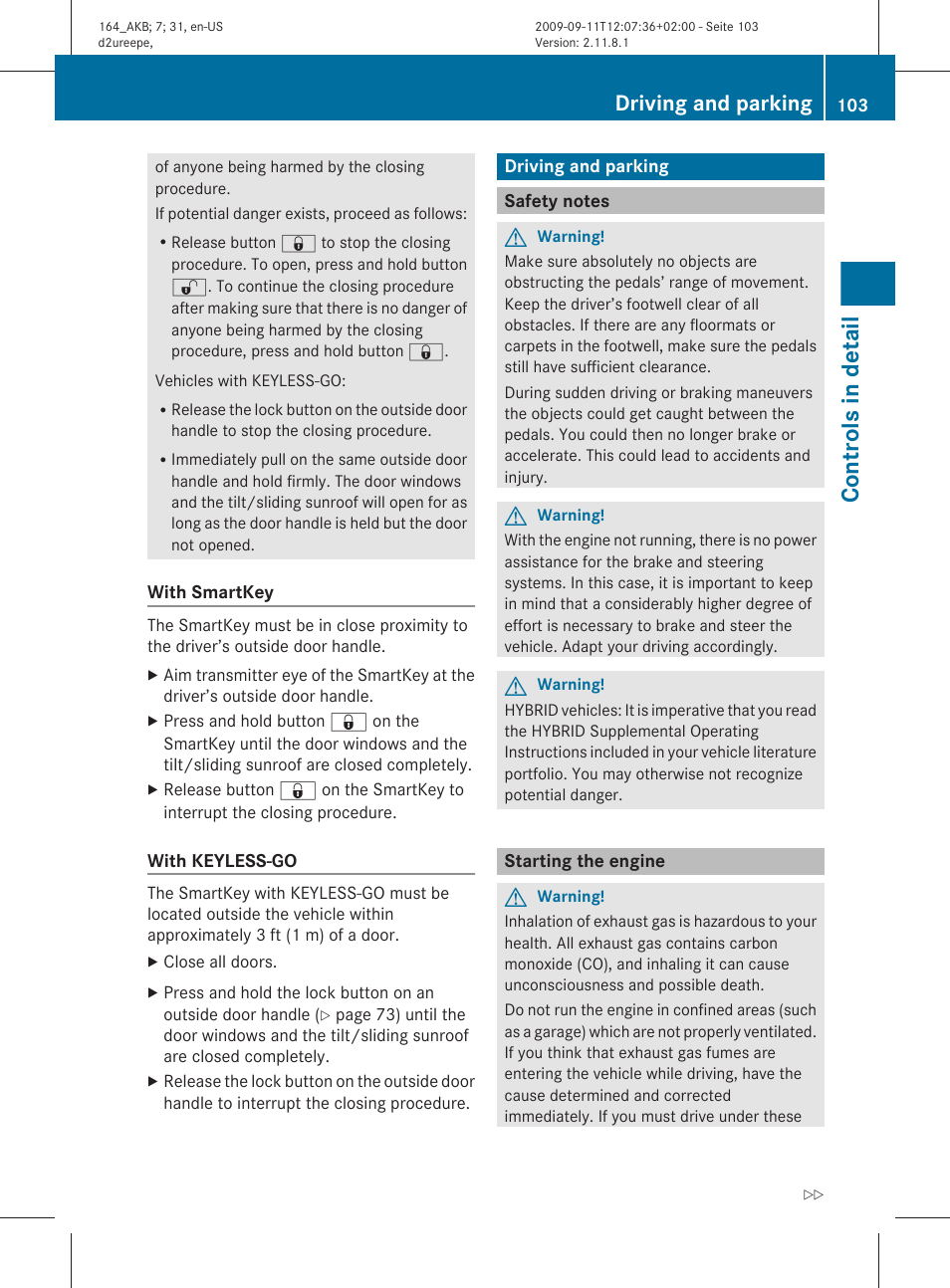 Driving and parking, Safety notes, Starting the engine | Controls in detail | Mercedes-Benz M-Class 2010 Owners Manual User Manual | Page 105 / 368