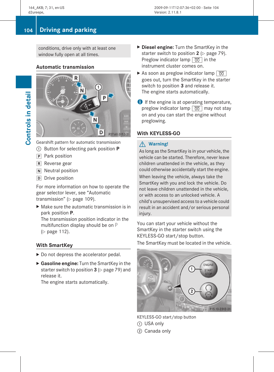 Controls in detail, Driving and parking | Mercedes-Benz M-Class 2010 Owners Manual User Manual | Page 106 / 368