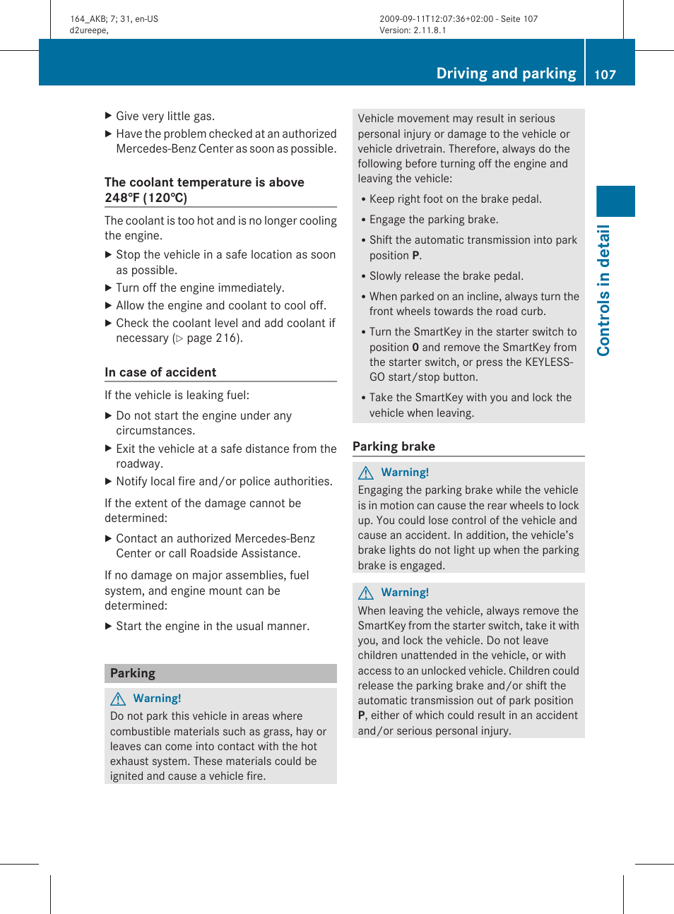 Parking, Controls in detail, Driving and parking | Mercedes-Benz M-Class 2010 Owners Manual User Manual | Page 109 / 368