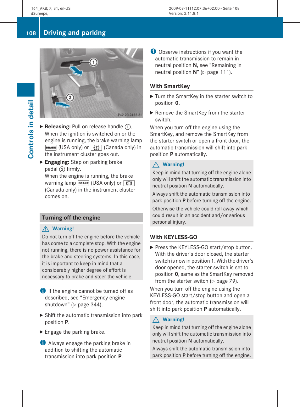 Turning off the engine, Controls in detail, Driving and parking | Mercedes-Benz M-Class 2010 Owners Manual User Manual | Page 110 / 368