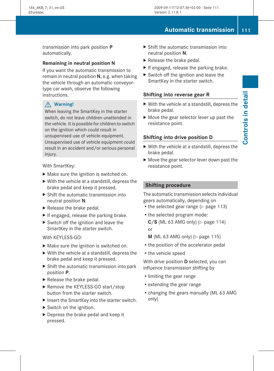 Shifting procedure, Controls in detail, Automatic transmission | Mercedes-Benz M-Class 2010 Owners Manual User Manual | Page 113 / 368