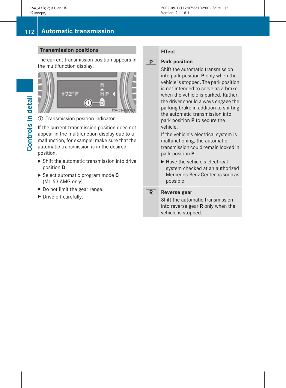 Transmission positions, Controls in detail, Automatic transmission | Mercedes-Benz M-Class 2010 Owners Manual User Manual | Page 114 / 368