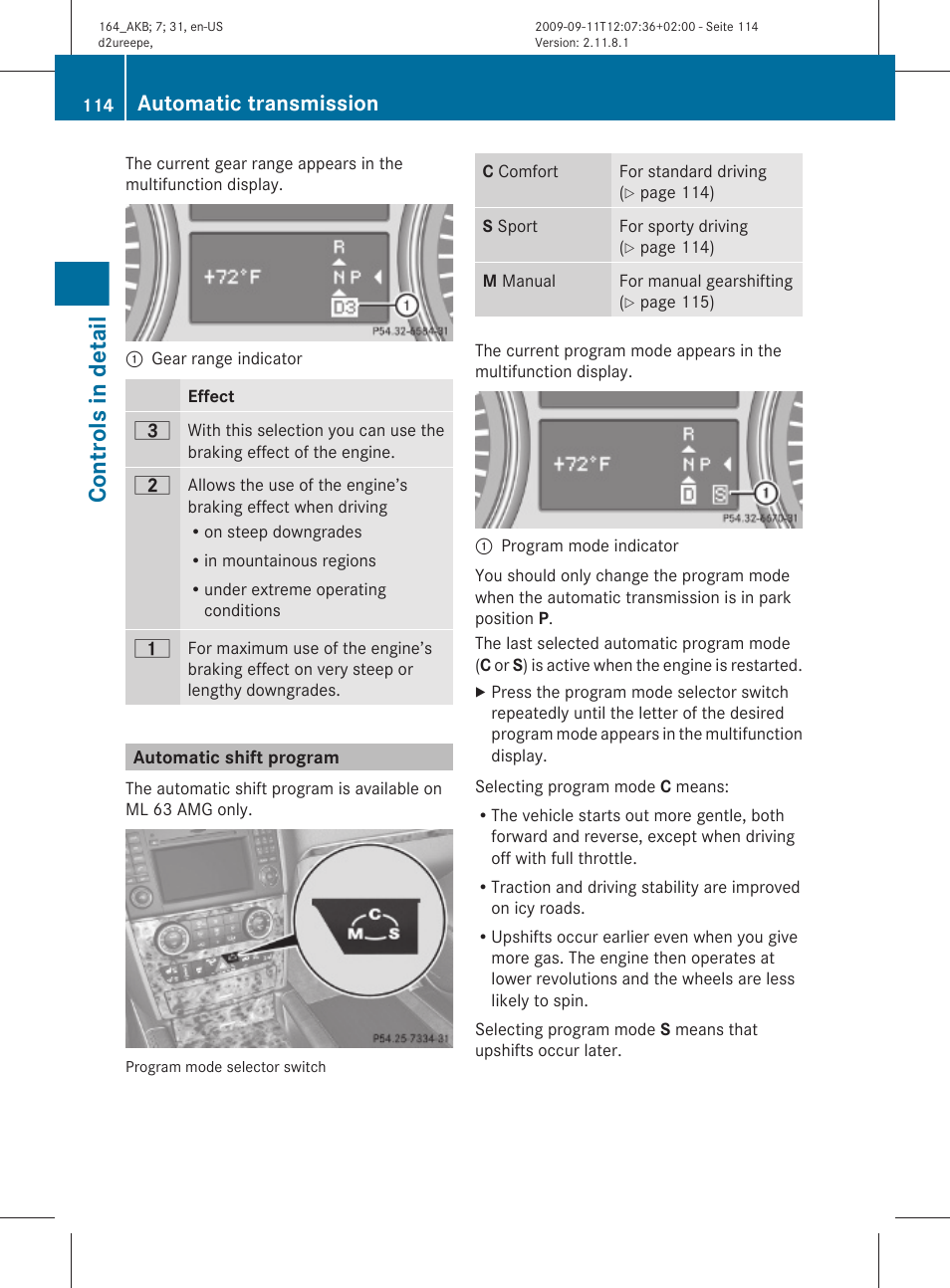 Automatic shift program, Ml 63 amg only), Controls in detail | Automatic transmission | Mercedes-Benz M-Class 2010 Owners Manual User Manual | Page 116 / 368