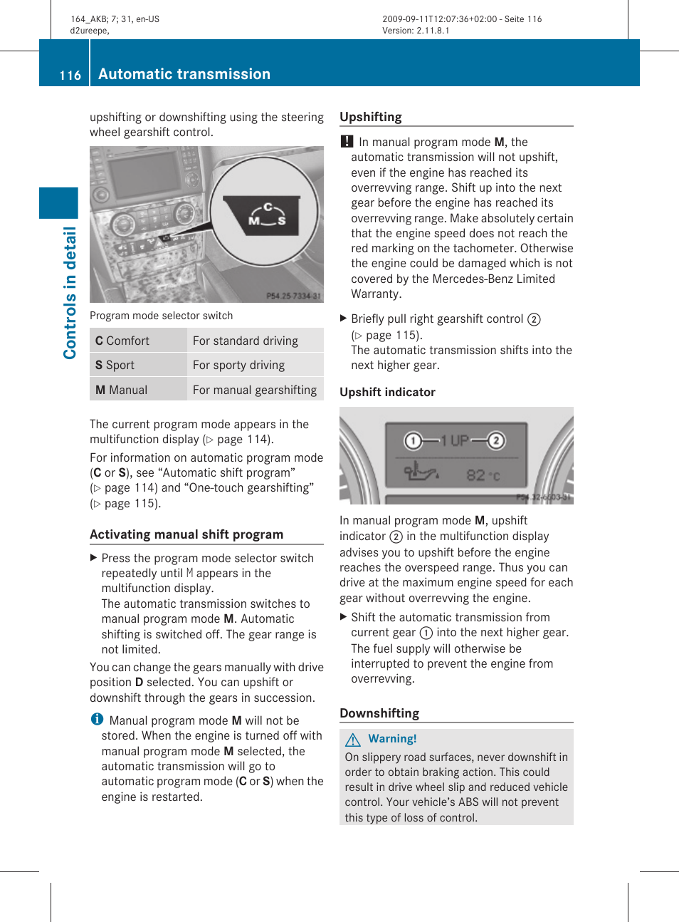 Controls in detail, Automatic transmission | Mercedes-Benz M-Class 2010 Owners Manual User Manual | Page 118 / 368