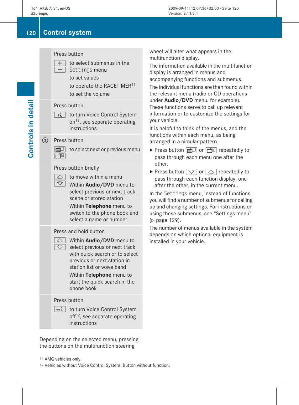 Controls in detail, Control system | Mercedes-Benz M-Class 2010 Owners Manual User Manual | Page 122 / 368