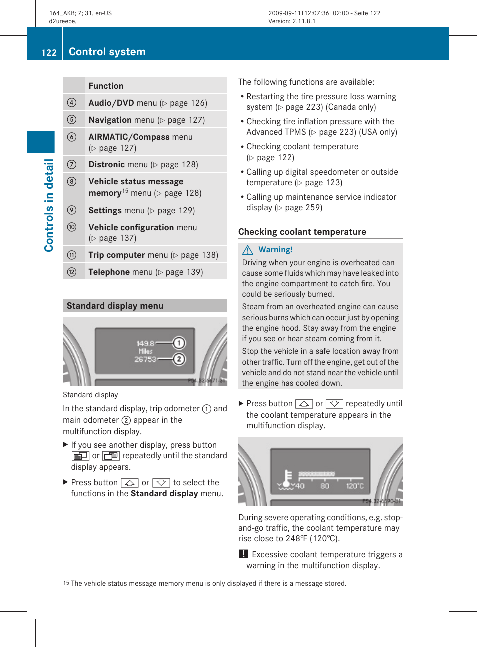 Standard display menu, Controls in detail, Control system | Mercedes-Benz M-Class 2010 Owners Manual User Manual | Page 124 / 368
