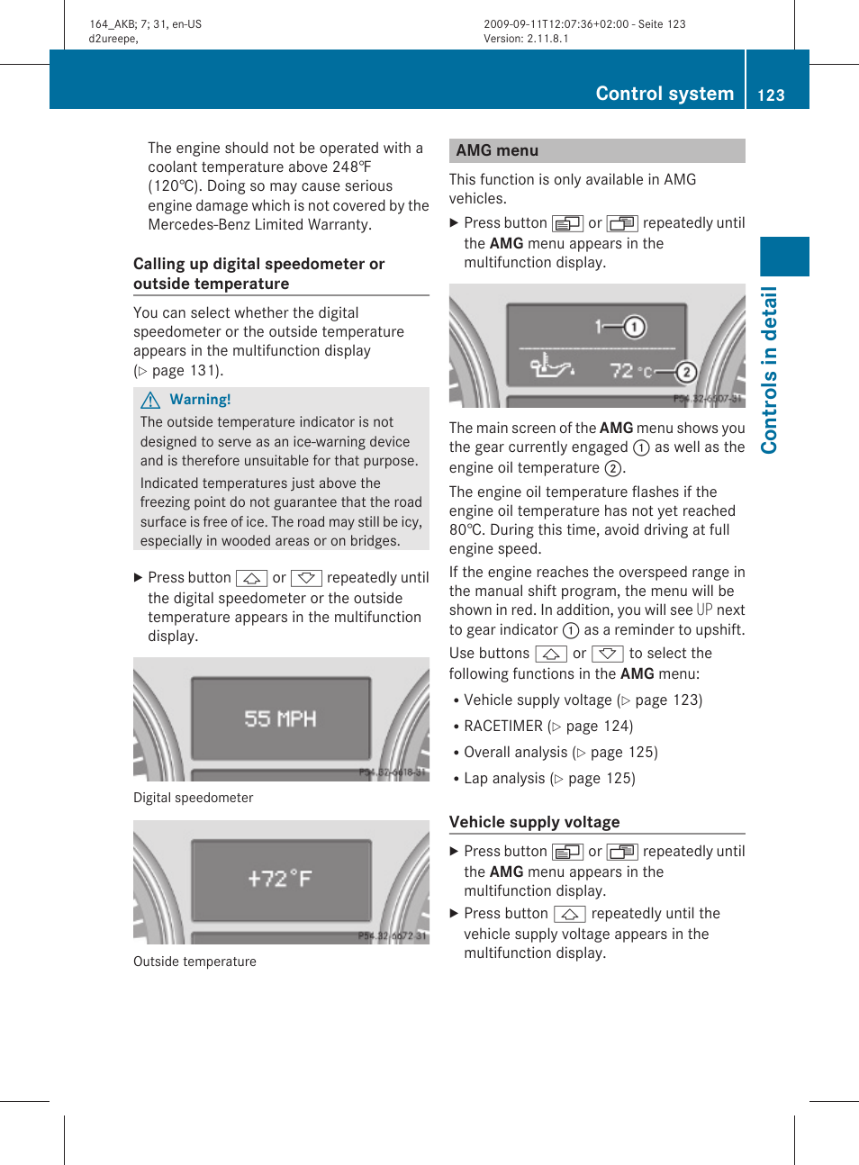 Amg menu, Menu, Temperature | Controls in detail, Control system | Mercedes-Benz M-Class 2010 Owners Manual User Manual | Page 125 / 368