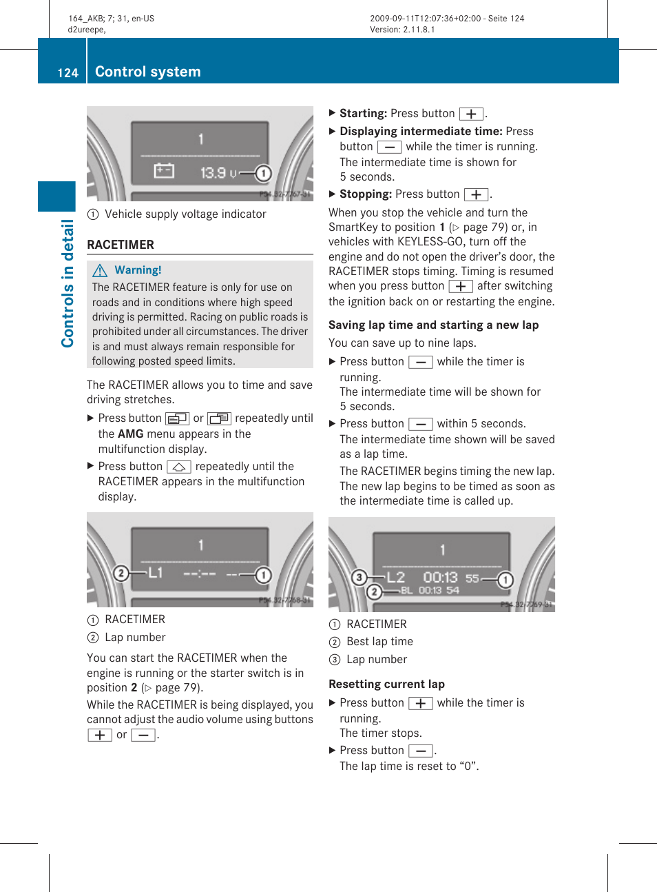 Racetimer, Controls in detail, Control system | Mercedes-Benz M-Class 2010 Owners Manual User Manual | Page 126 / 368
