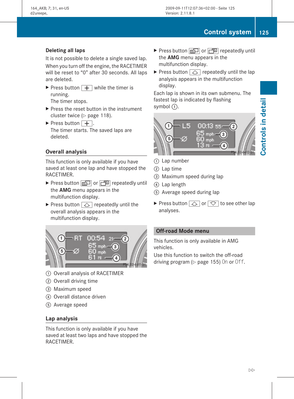 Off-road mode menu, Overall analysis, Controls in detail | Control system | Mercedes-Benz M-Class 2010 Owners Manual User Manual | Page 127 / 368