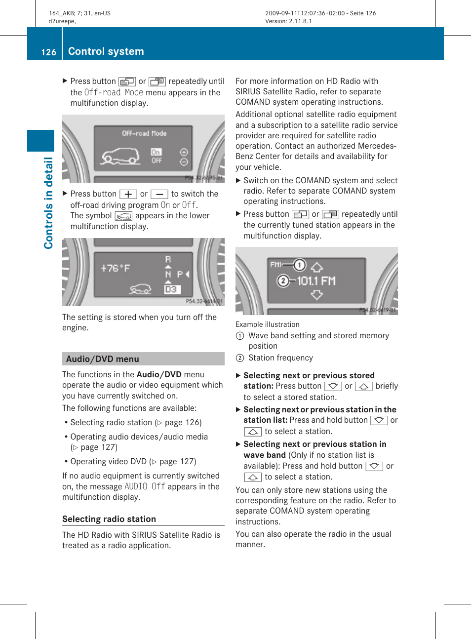 Audio/dvd menu, Menu, Controls in detail | Control system | Mercedes-Benz M-Class 2010 Owners Manual User Manual | Page 128 / 368