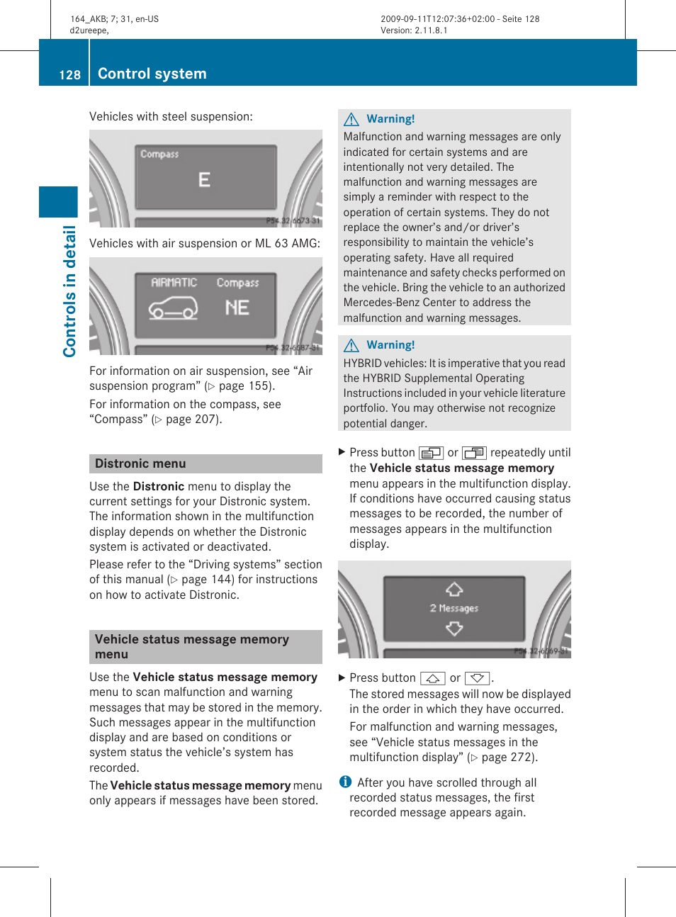 Distronic menu, Vehicle status message memory menu, Menu | Controls in detail, Control system | Mercedes-Benz M-Class 2010 Owners Manual User Manual | Page 130 / 368