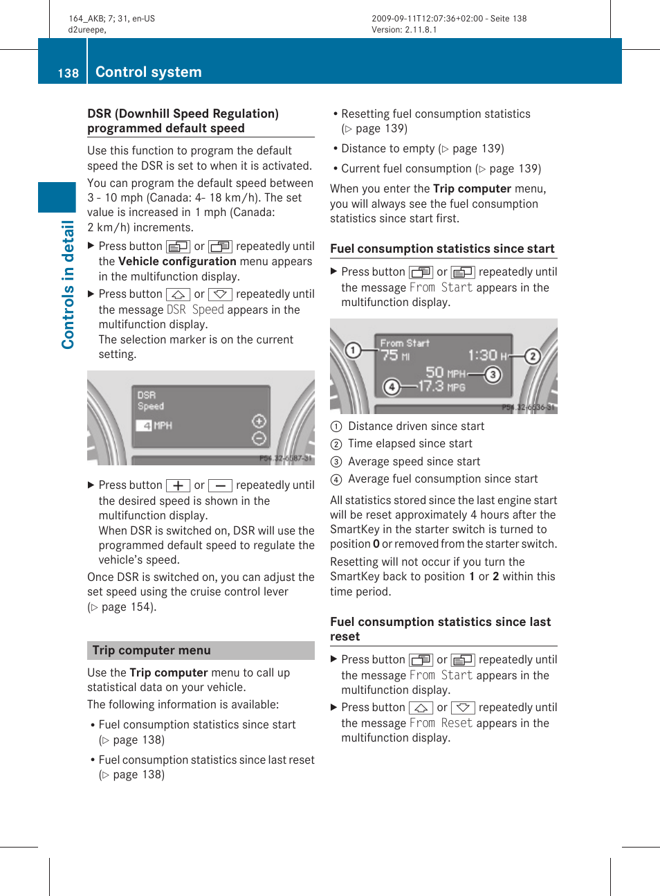 Trip computer menu, Menu, Speed | Controls in detail, Control system | Mercedes-Benz M-Class 2010 Owners Manual User Manual | Page 140 / 368