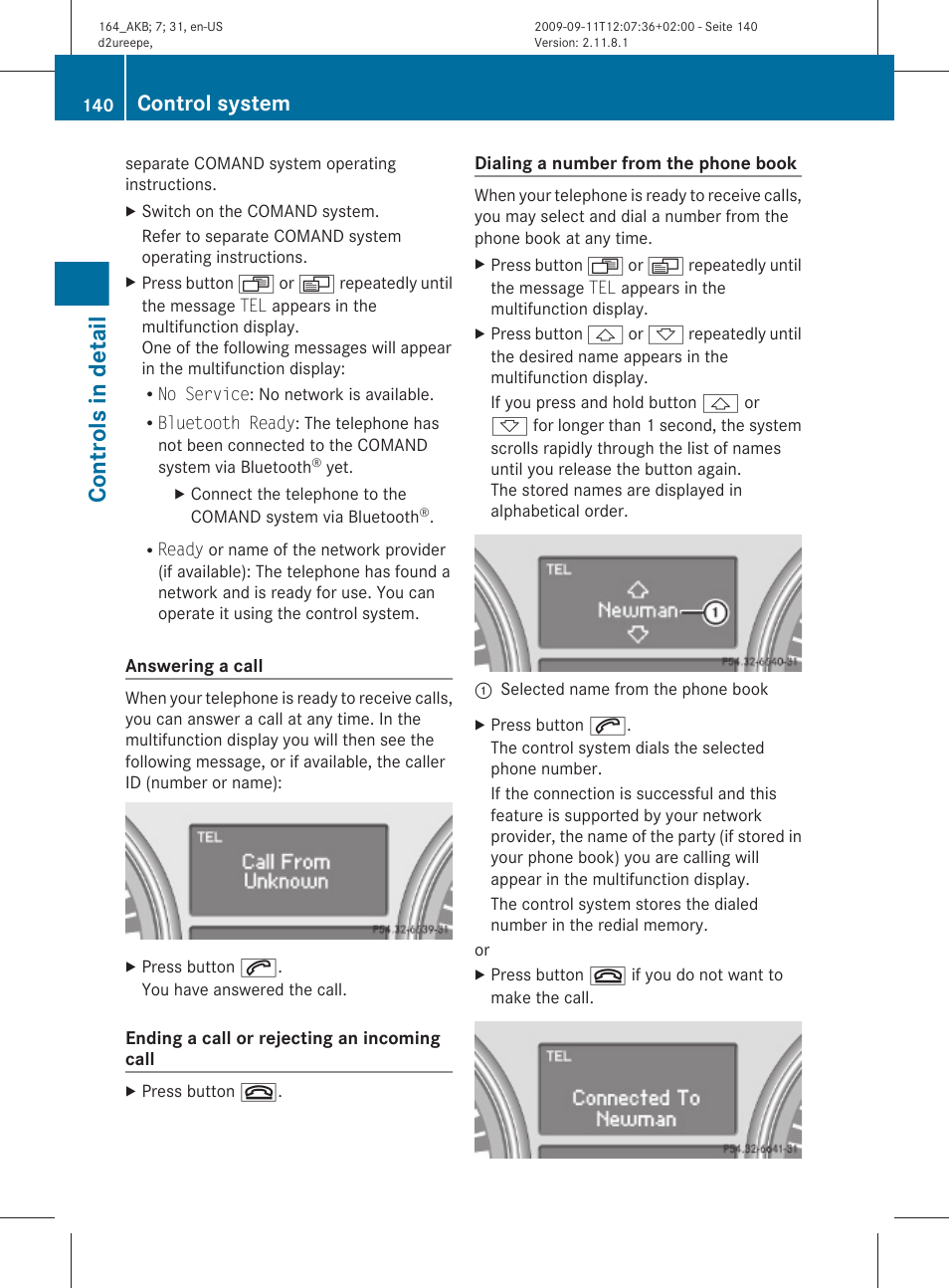 Controls in detail, Control system | Mercedes-Benz M-Class 2010 Owners Manual User Manual | Page 142 / 368