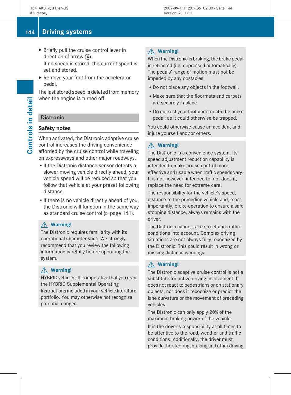 Distronic, Of this manual, Controls in detail | Driving systems | Mercedes-Benz M-Class 2010 Owners Manual User Manual | Page 146 / 368
