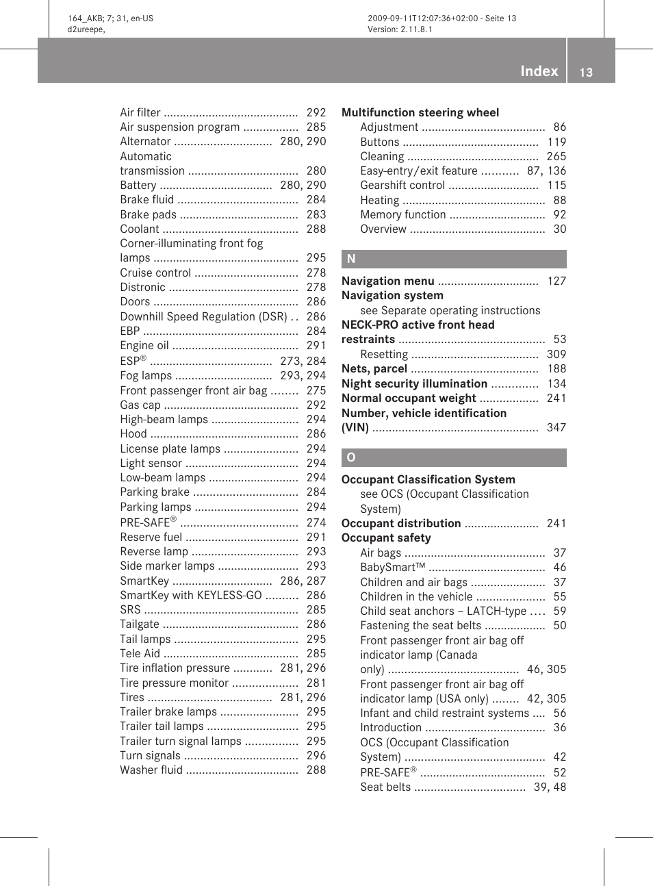 Index | Mercedes-Benz M-Class 2010 Owners Manual User Manual | Page 15 / 368