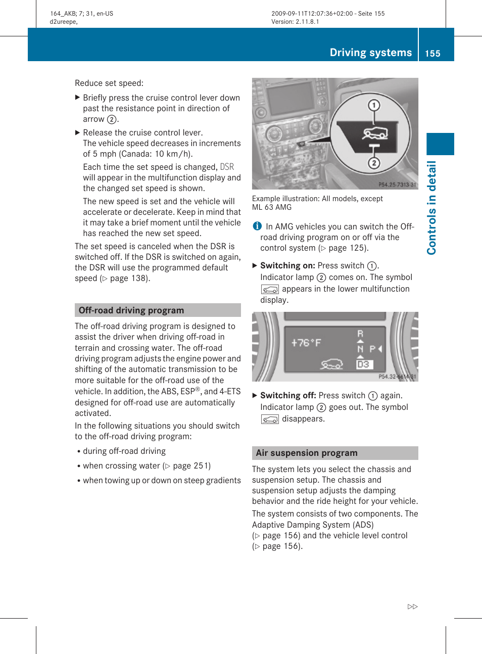 Off-road driving program, Air suspension program, Program switched on | Driving program, Suspension program, Controls in detail, Driving systems | Mercedes-Benz M-Class 2010 Owners Manual User Manual | Page 157 / 368