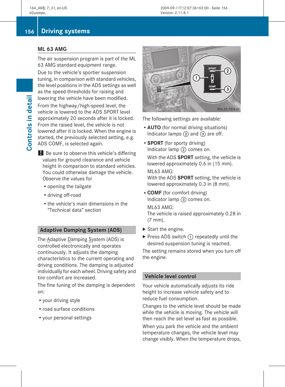 Adaptive damping system (ads), Vehicle level control, Controls in detail | Driving systems | Mercedes-Benz M-Class 2010 Owners Manual User Manual | Page 158 / 368