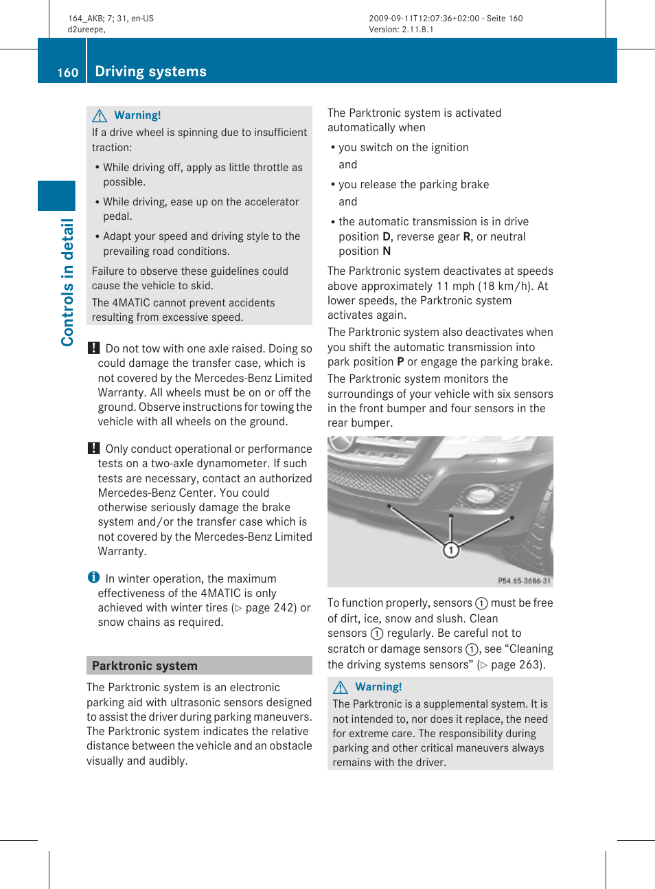 Parktronic system, Controls in detail, Driving systems | Mercedes-Benz M-Class 2010 Owners Manual User Manual | Page 162 / 368
