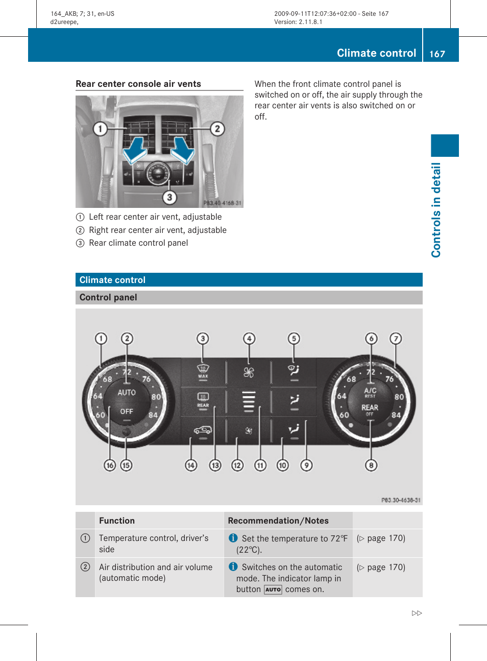 Climate control, Control panel, Controls in detail | Mercedes-Benz M-Class 2010 Owners Manual User Manual | Page 169 / 368