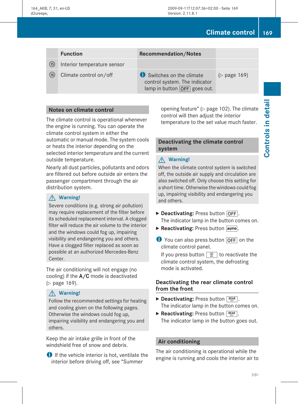 Notes on climate control, Deactivating the climate control system, Air conditioning | Controls in detail, Climate control | Mercedes-Benz M-Class 2010 Owners Manual User Manual | Page 171 / 368