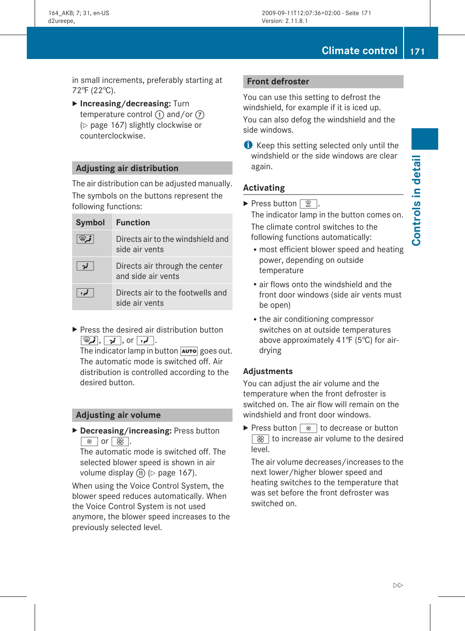 Adjusting air distribution, Adjusting air volume, Front defroster | Controls in detail, Climate control | Mercedes-Benz M-Class 2010 Owners Manual User Manual | Page 173 / 368