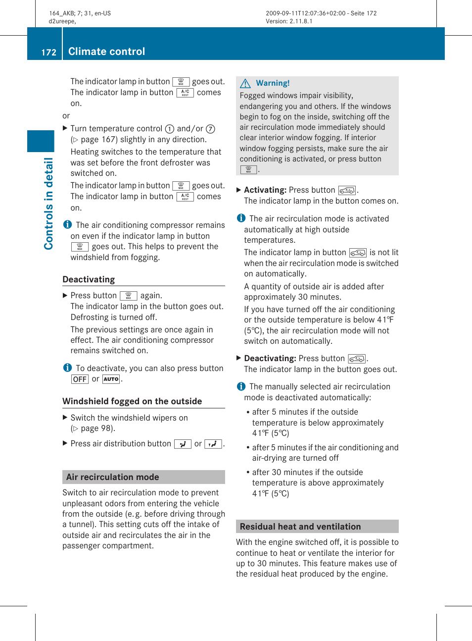 Air recirculation mode, Residual heat and ventilation, Controls in detail | Climate control | Mercedes-Benz M-Class 2010 Owners Manual User Manual | Page 174 / 368