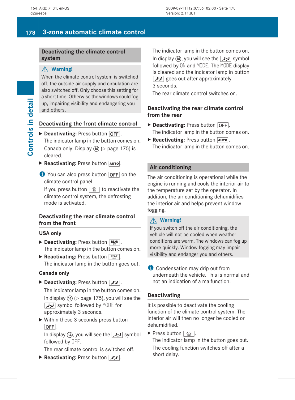Deactivating the climate control system, Air conditioning, Controls in detail | Zone automatic climate control | Mercedes-Benz M-Class 2010 Owners Manual User Manual | Page 180 / 368