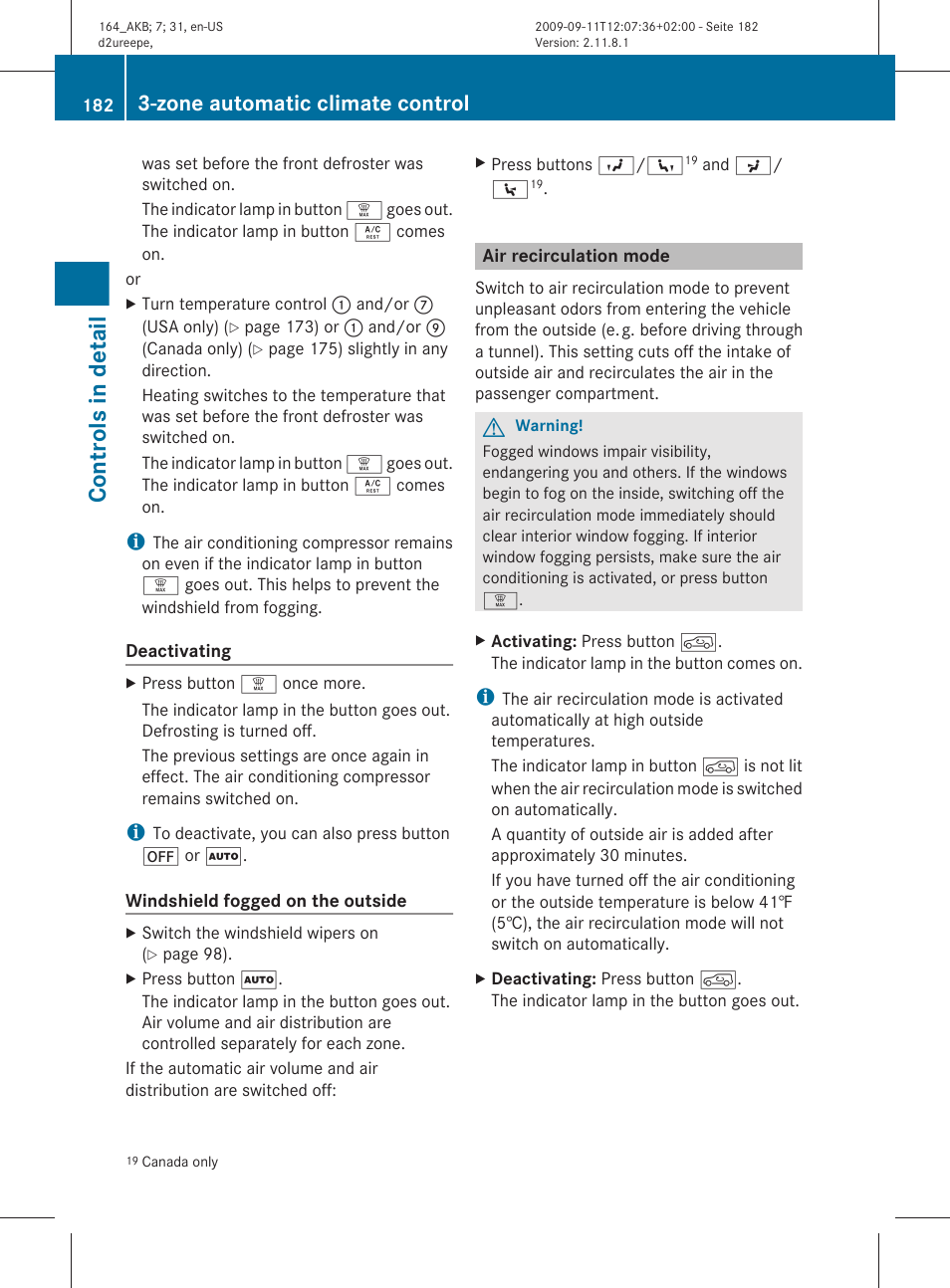 Air recirculation mode, Controls in detail, Zone automatic climate control | Mercedes-Benz M-Class 2010 Owners Manual User Manual | Page 184 / 368