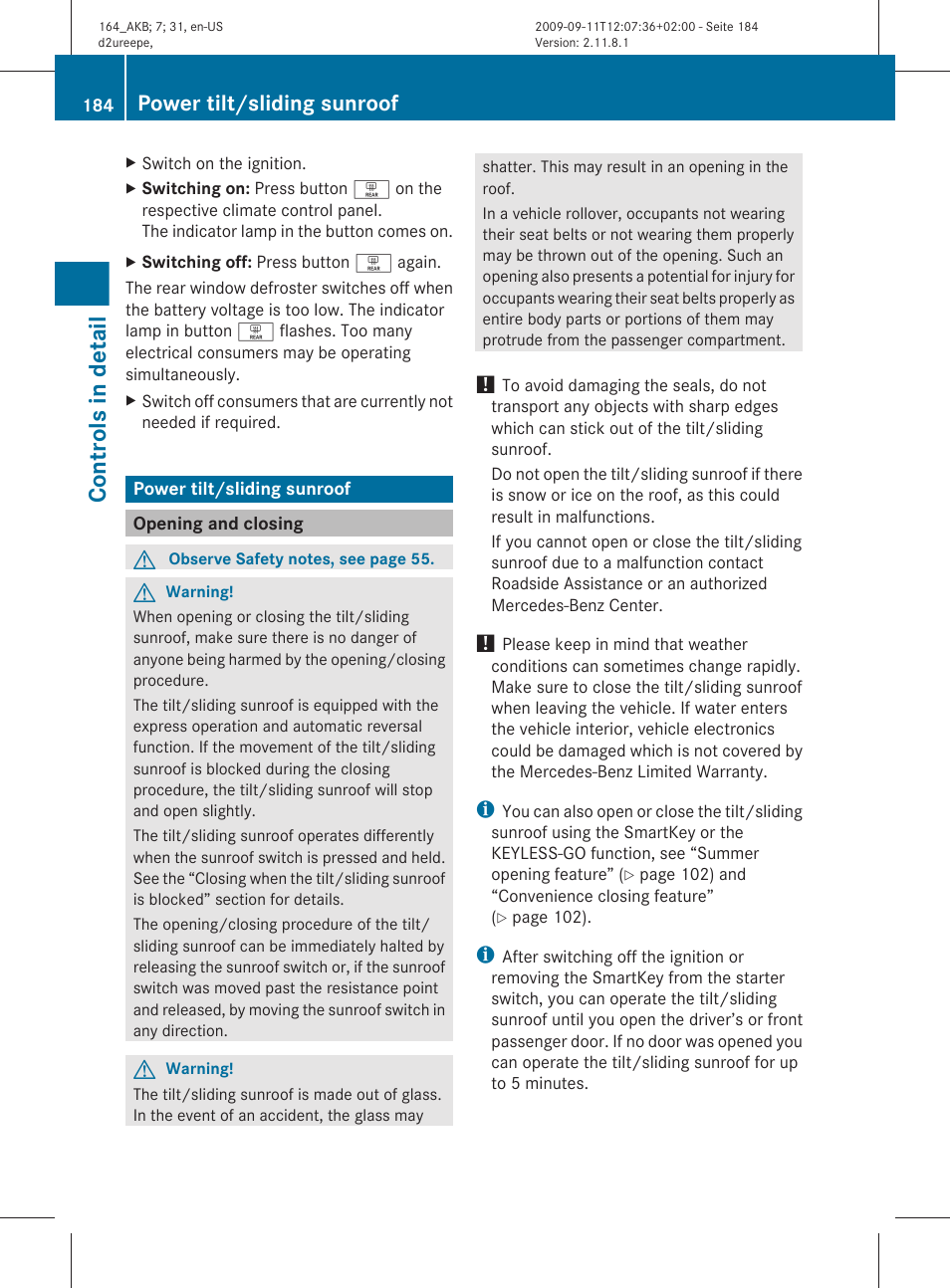 Power tilt/sliding sunroof, Opening and closing, Controls in detail | Mercedes-Benz M-Class 2010 Owners Manual User Manual | Page 186 / 368