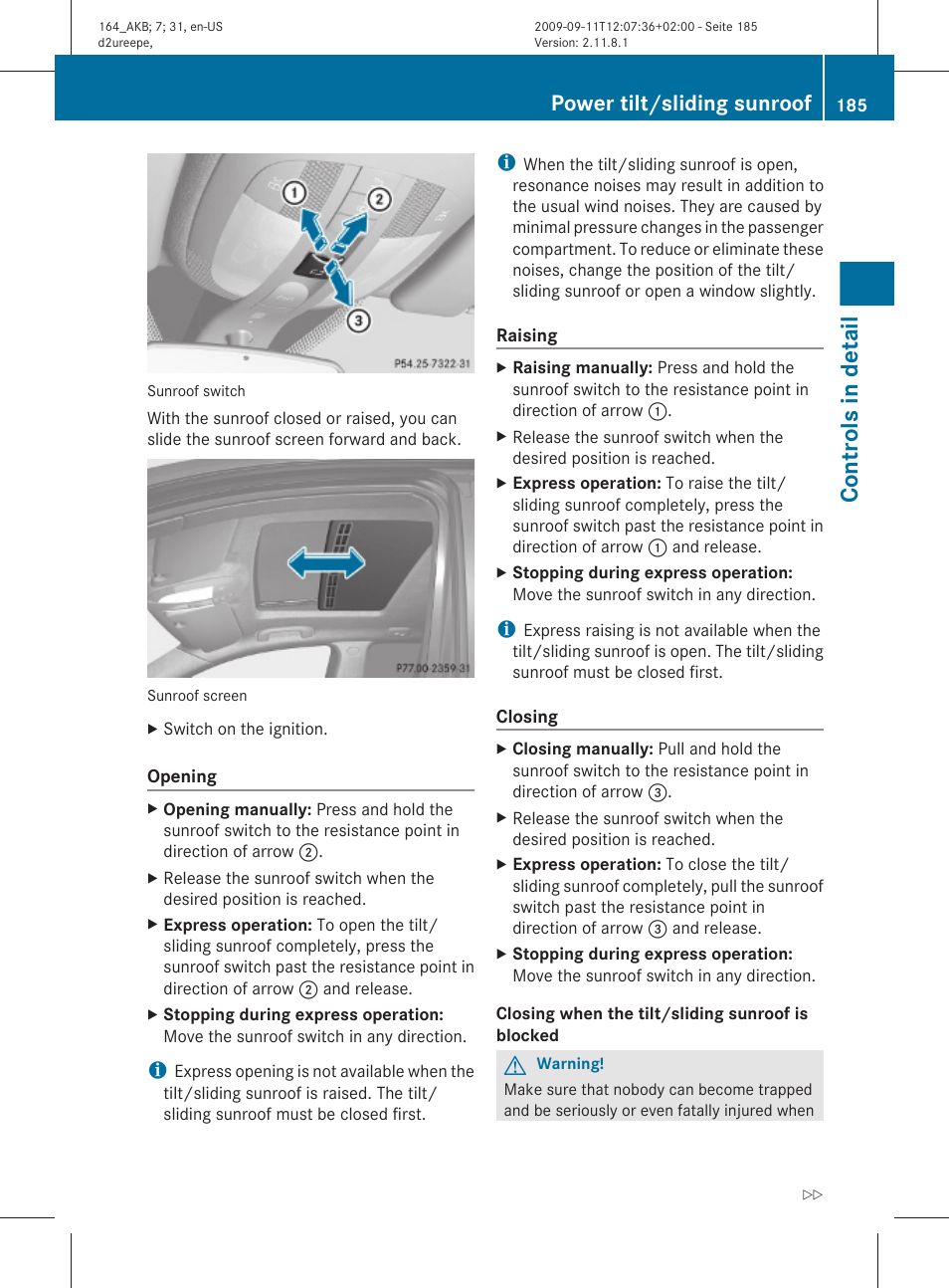 Controls in detail, Power tilt/sliding sunroof | Mercedes-Benz M-Class 2010 Owners Manual User Manual | Page 187 / 368