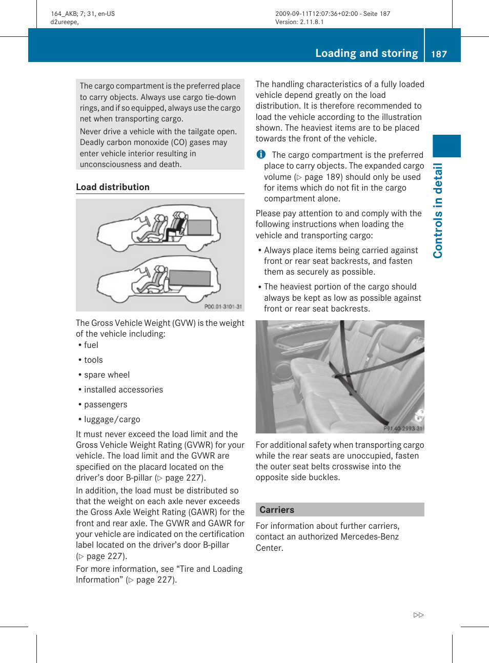 Carriers, Controls in detail, Loading and storing | Mercedes-Benz M-Class 2010 Owners Manual User Manual | Page 189 / 368