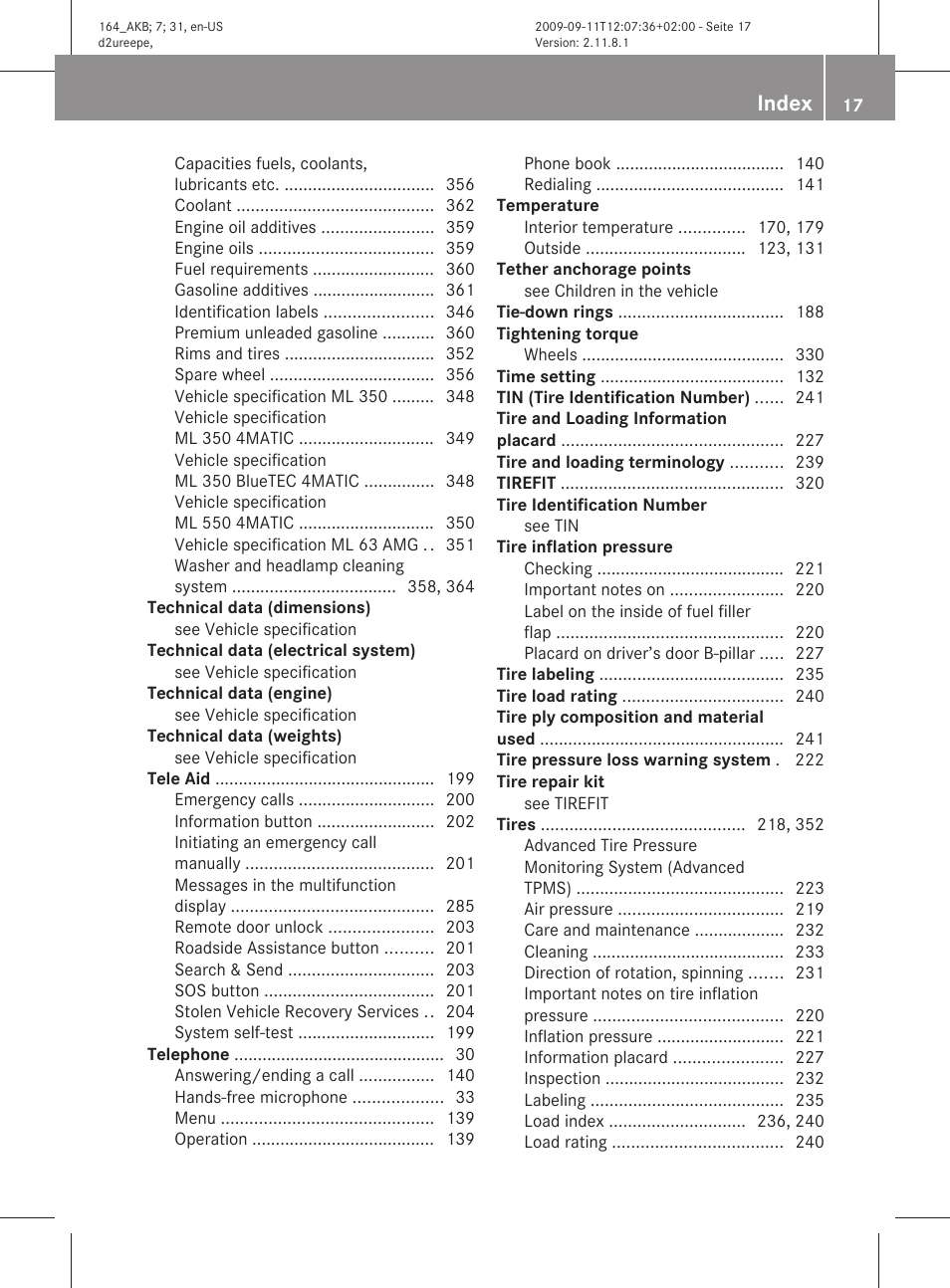 Index | Mercedes-Benz M-Class 2010 Owners Manual User Manual | Page 19 / 368