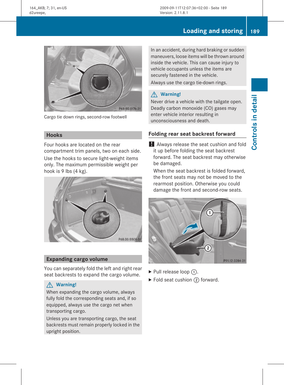 Hooks, Expanding cargo volume, Volume | Controls in detail, Loading and storing | Mercedes-Benz M-Class 2010 Owners Manual User Manual | Page 191 / 368
