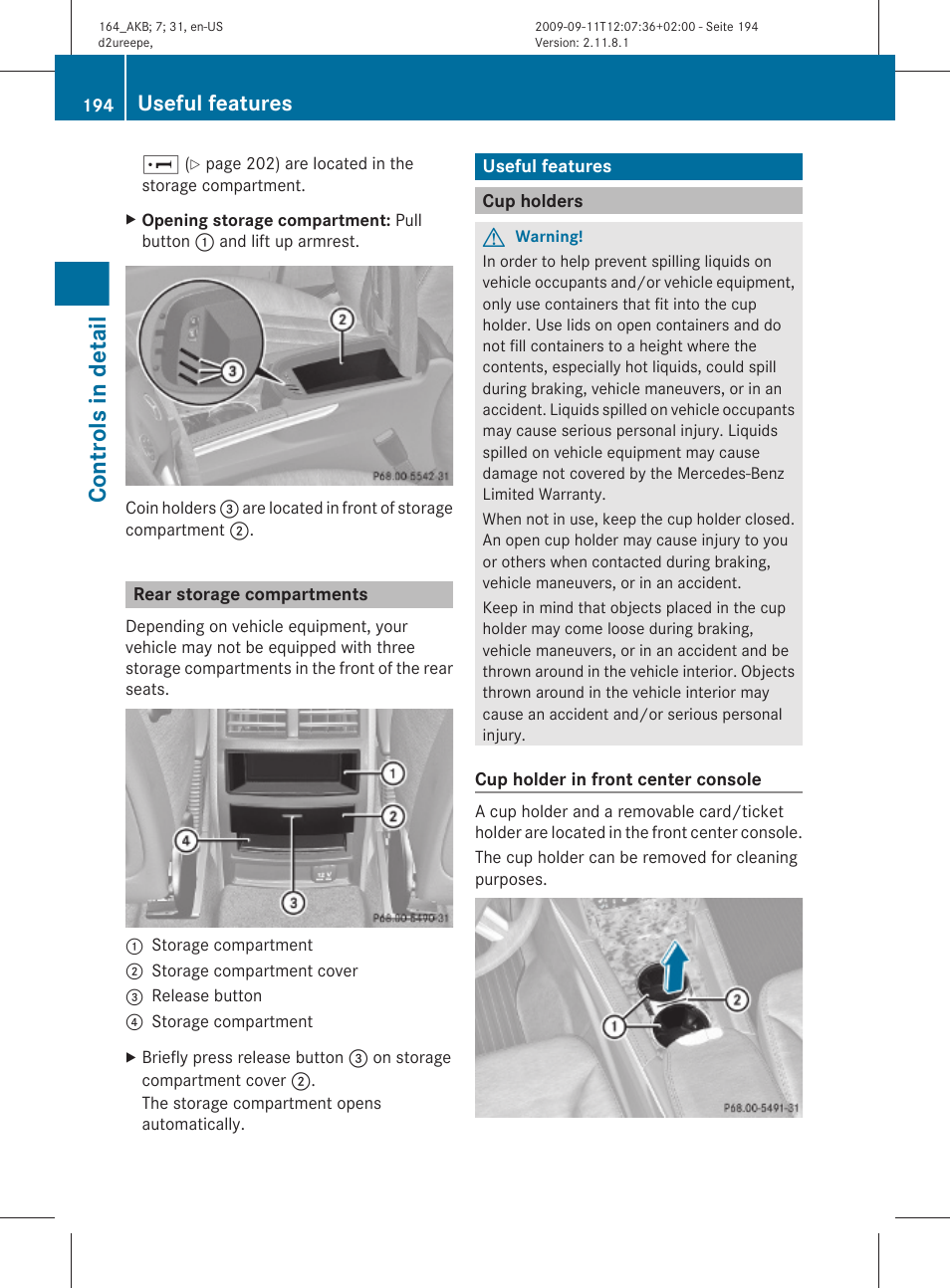Rear storage compartments, Useful features, Cup holders | Controls in detail | Mercedes-Benz M-Class 2010 Owners Manual User Manual | Page 196 / 368