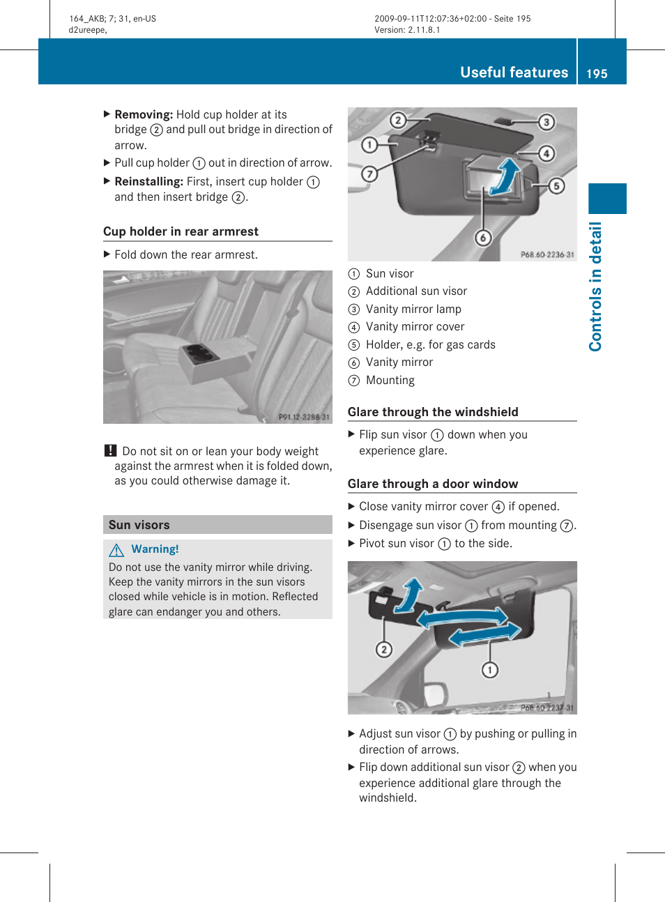 Sun visors, Controls in detail, Useful features | Mercedes-Benz M-Class 2010 Owners Manual User Manual | Page 197 / 368