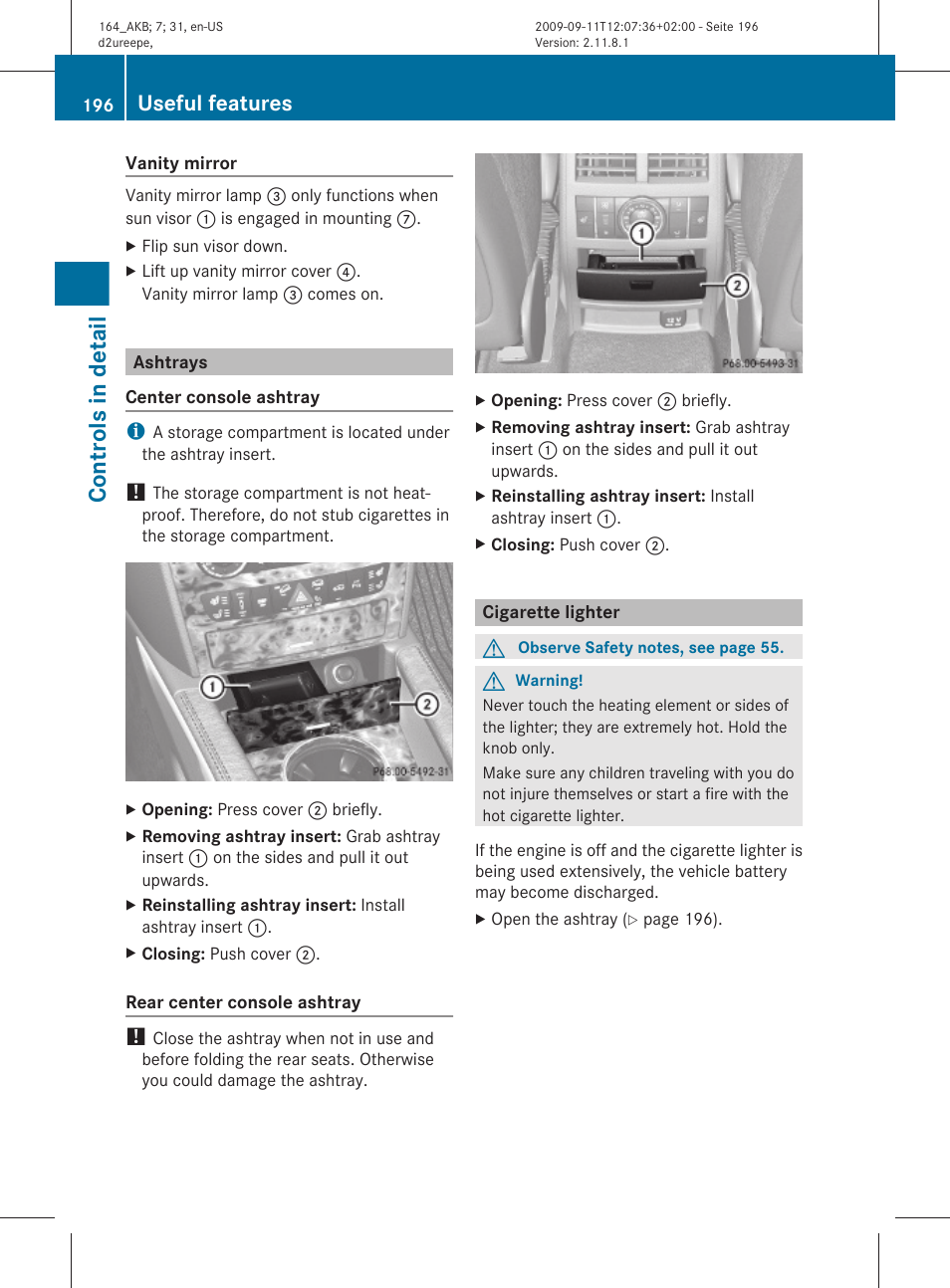 Ashtrays, Cigarette lighter, Controls in detail | Useful features | Mercedes-Benz M-Class 2010 Owners Manual User Manual | Page 198 / 368