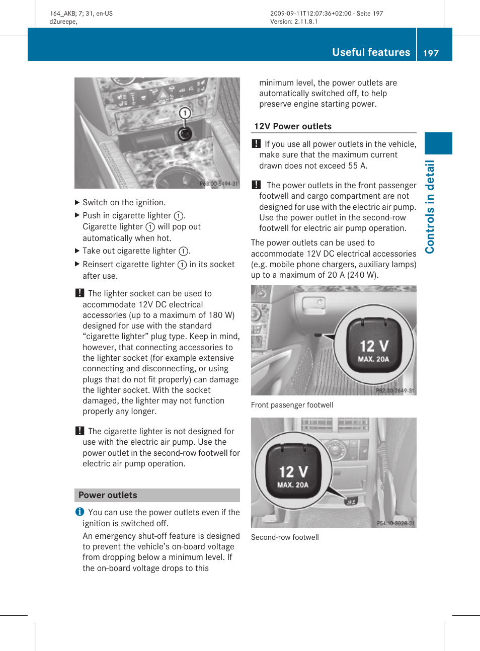 Power outlets, Controls in detail, Useful features | Mercedes-Benz M-Class 2010 Owners Manual User Manual | Page 199 / 368