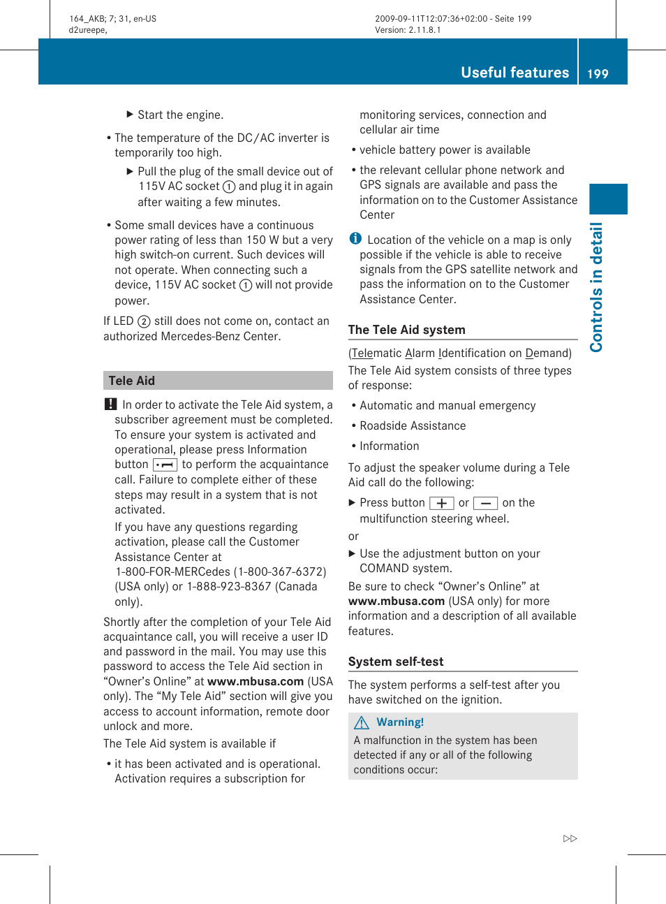 Tele aid, Controls in detail, Useful features | Mercedes-Benz M-Class 2010 Owners Manual User Manual | Page 201 / 368