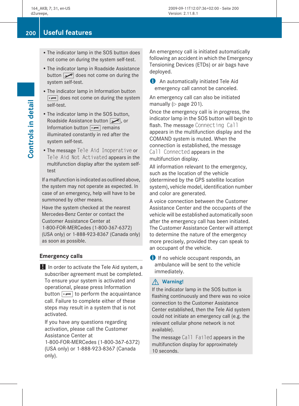 Controls in detail, Useful features | Mercedes-Benz M-Class 2010 Owners Manual User Manual | Page 202 / 368