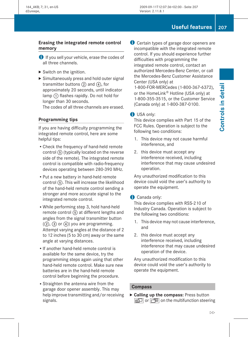 Compass, Controls in detail, Useful features | Mercedes-Benz M-Class 2010 Owners Manual User Manual | Page 209 / 368