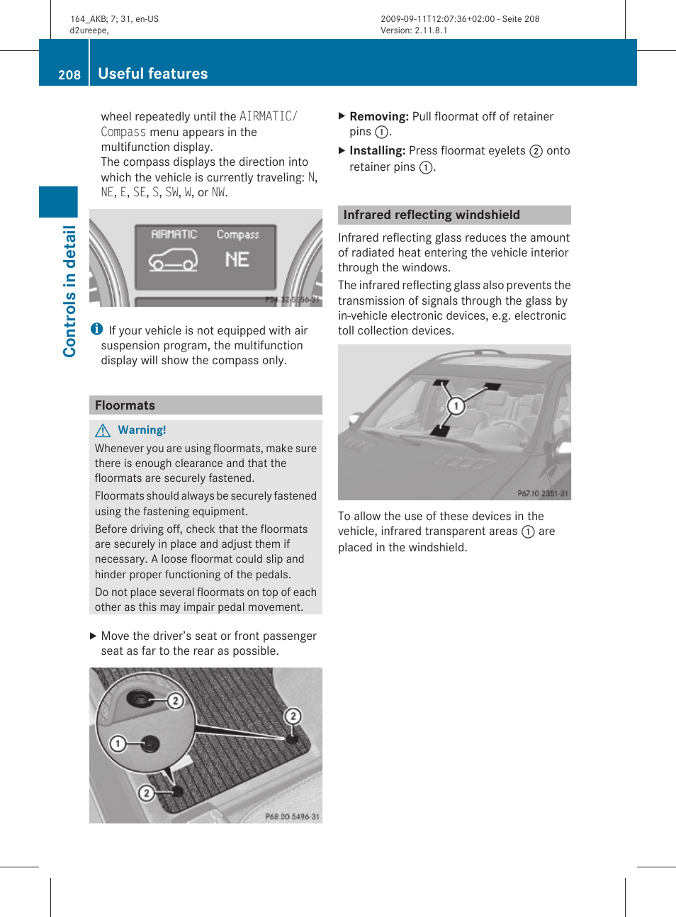 Floormats, Infrared reflecting windshield, Controls in detail | Useful features | Mercedes-Benz M-Class 2010 Owners Manual User Manual | Page 210 / 368