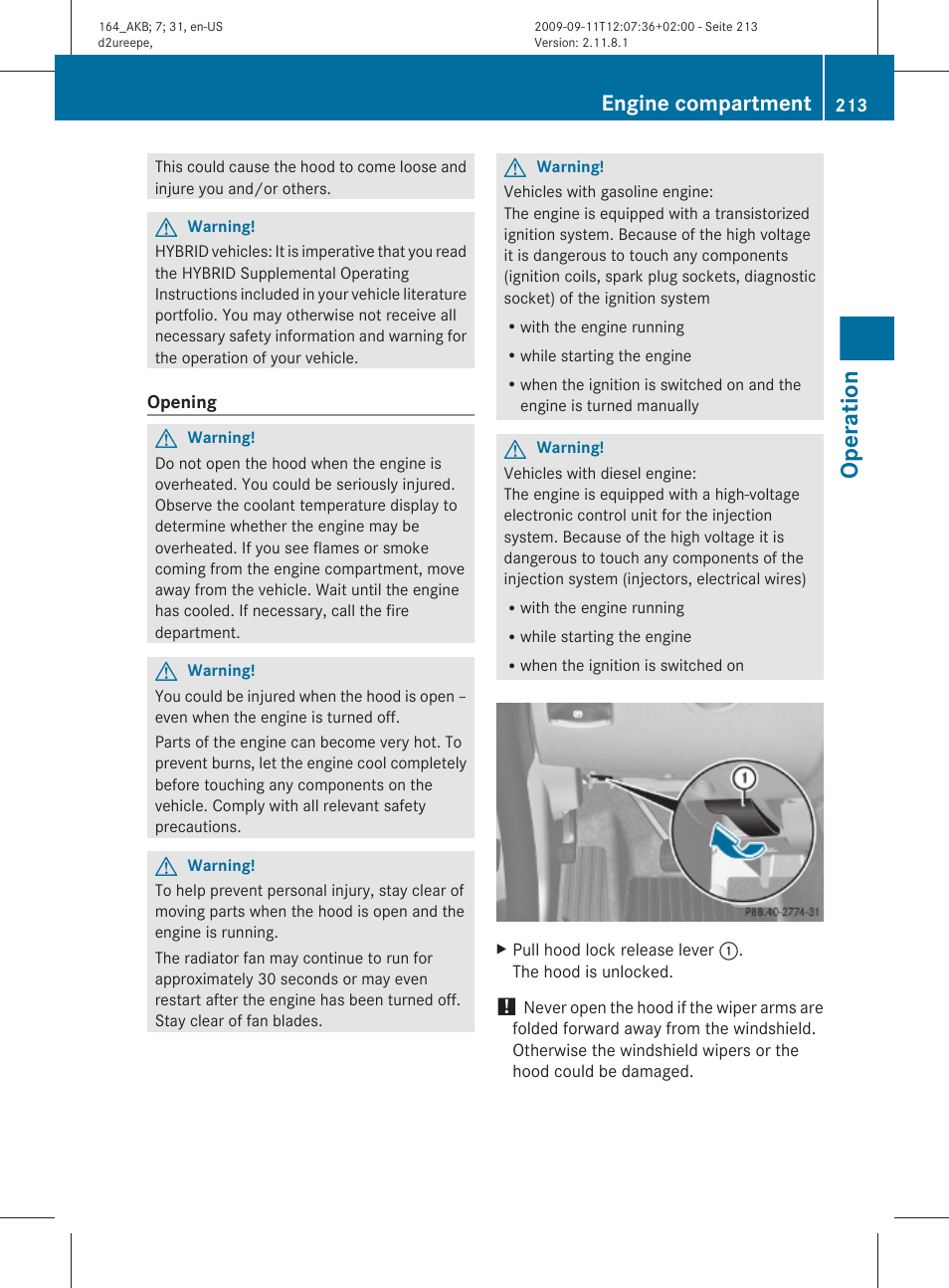 Operation, Engine compartment | Mercedes-Benz M-Class 2010 Owners Manual User Manual | Page 215 / 368