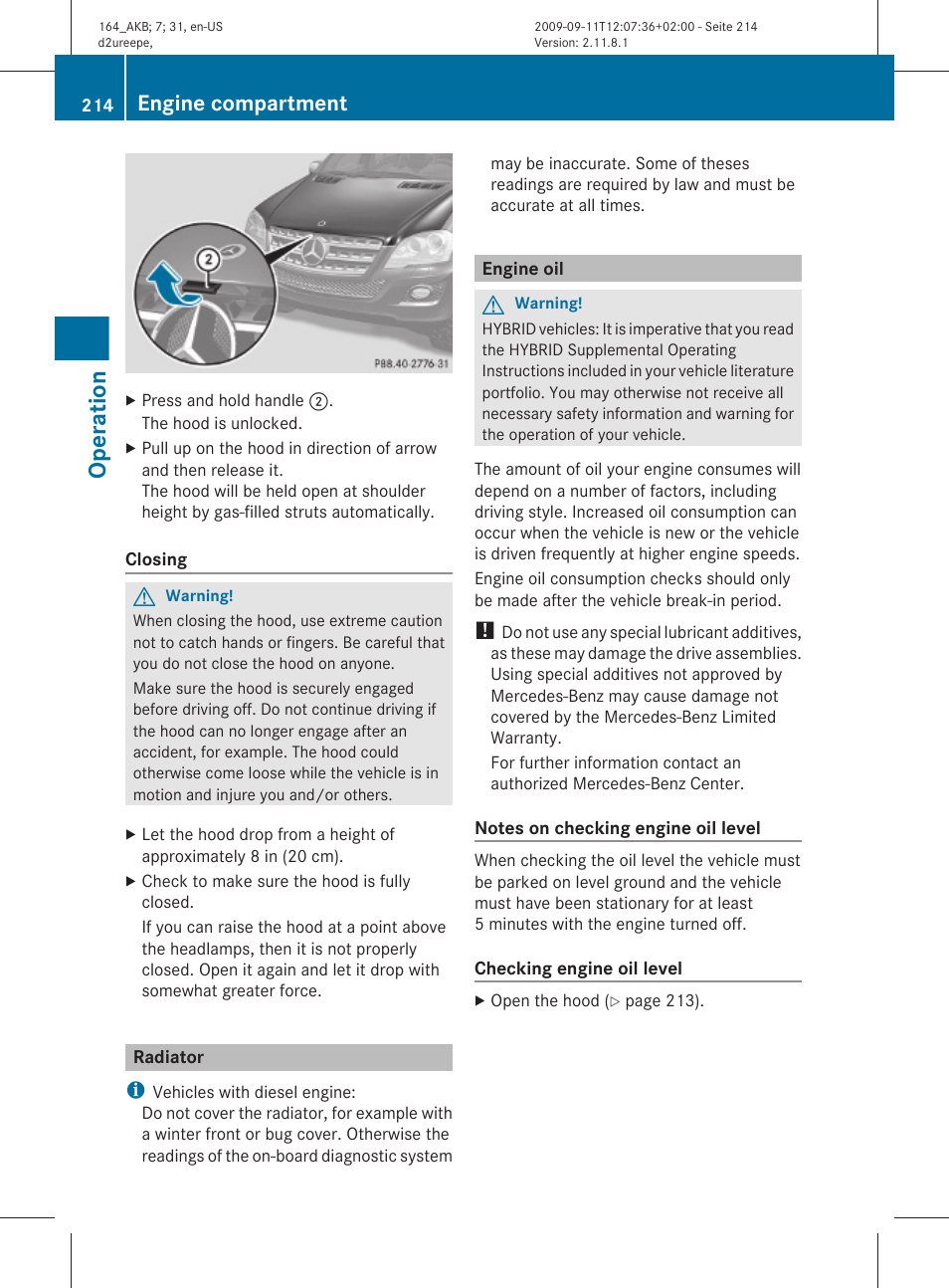 Radiator, Engine oil, Engine oil level | Operation, Engine compartment | Mercedes-Benz M-Class 2010 Owners Manual User Manual | Page 216 / 368