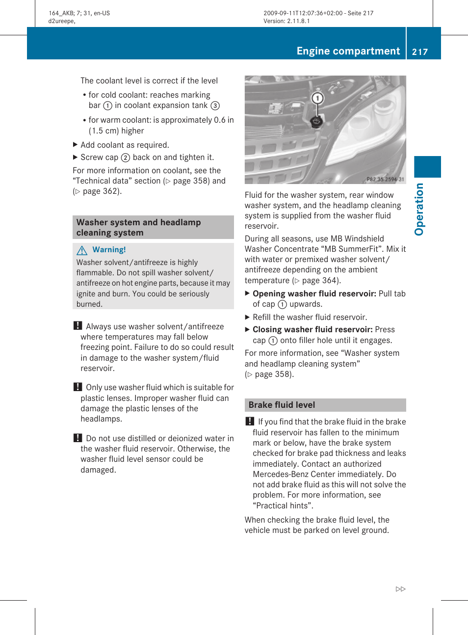 Washer system and headlamp cleaning system, Brake fluid level, Cleaning system | System, Brake fluid, Operation, Engine compartment | Mercedes-Benz M-Class 2010 Owners Manual User Manual | Page 219 / 368
