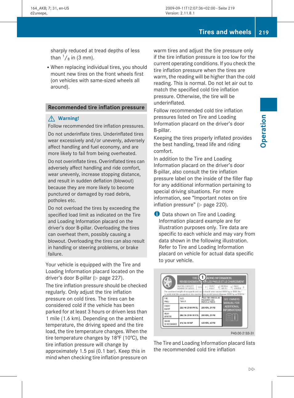 Recommended tire inflation pressure, Operation, Tires and wheels | Mercedes-Benz M-Class 2010 Owners Manual User Manual | Page 221 / 368