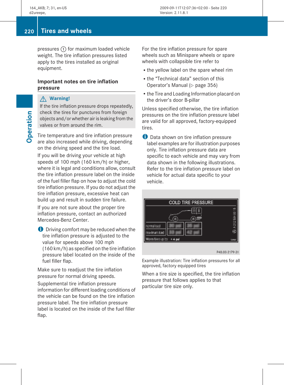 Inflation pressure, Operation, Tires and wheels | Mercedes-Benz M-Class 2010 Owners Manual User Manual | Page 222 / 368