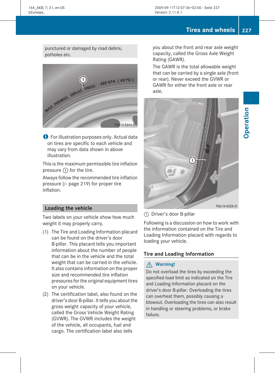 Loading the vehicle, Information, Operation | Tires and wheels | Mercedes-Benz M-Class 2010 Owners Manual User Manual | Page 229 / 368