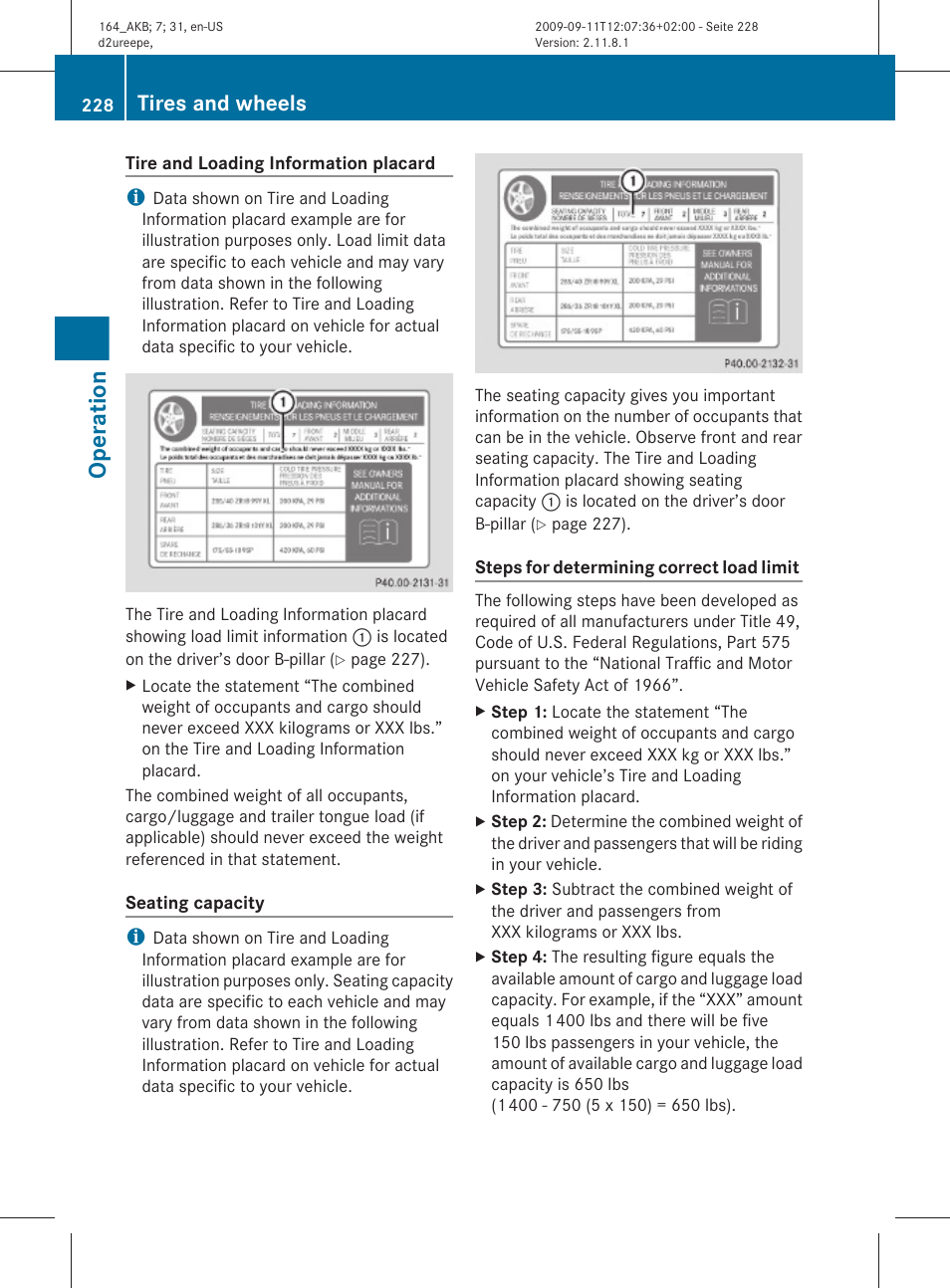 Operation, Tires and wheels | Mercedes-Benz M-Class 2010 Owners Manual User Manual | Page 230 / 368