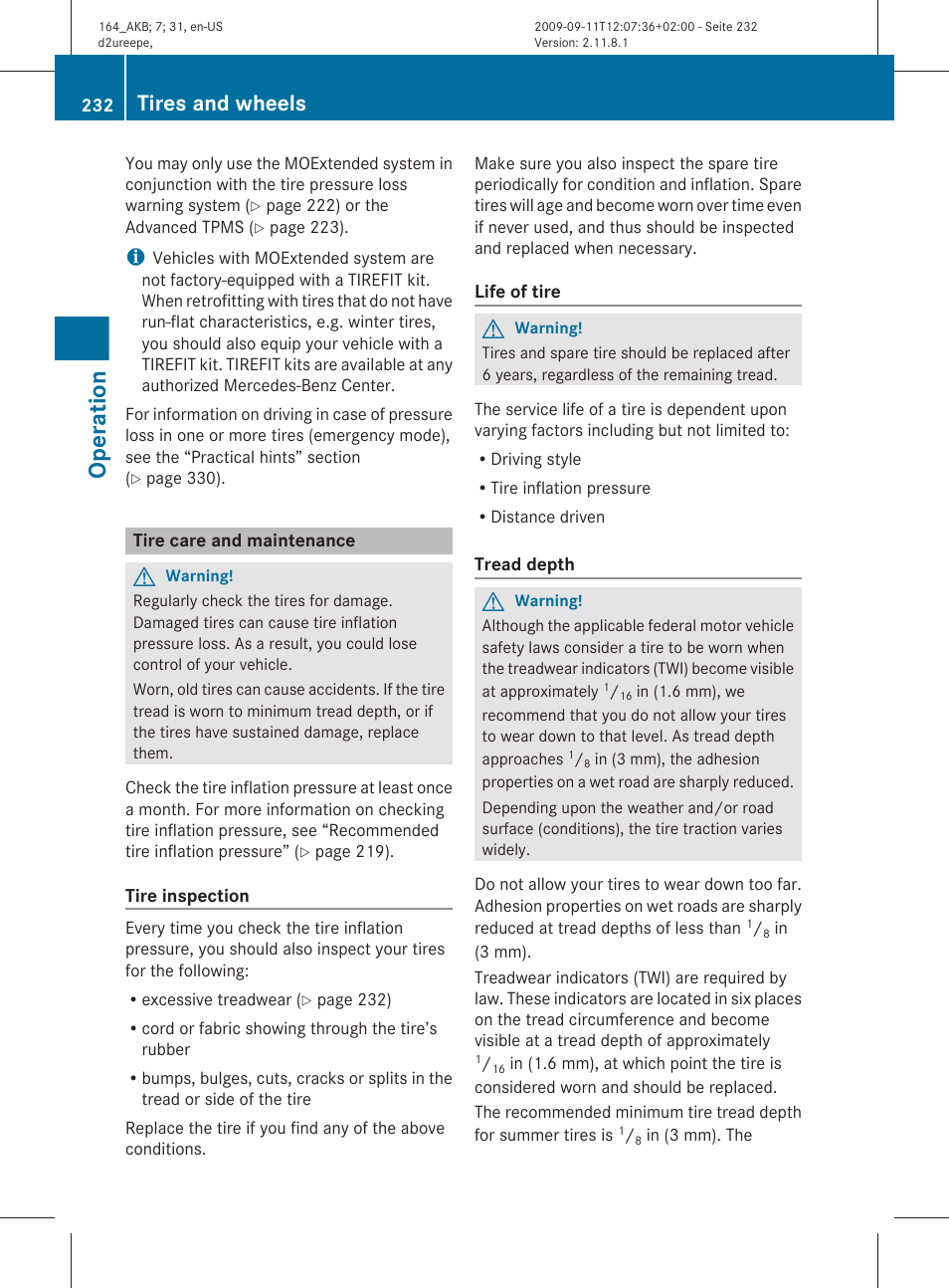 Tire care and maintenance, Operation, Tires and wheels | Mercedes-Benz M-Class 2010 Owners Manual User Manual | Page 234 / 368